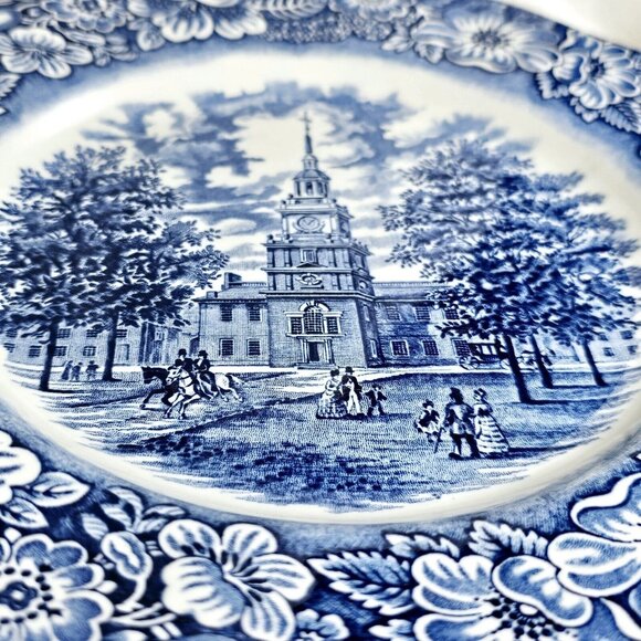 3 Liberty Blue Independence Hall Dinner Plates 10" Staffordshire England Ironsto - Picture 14 of 16